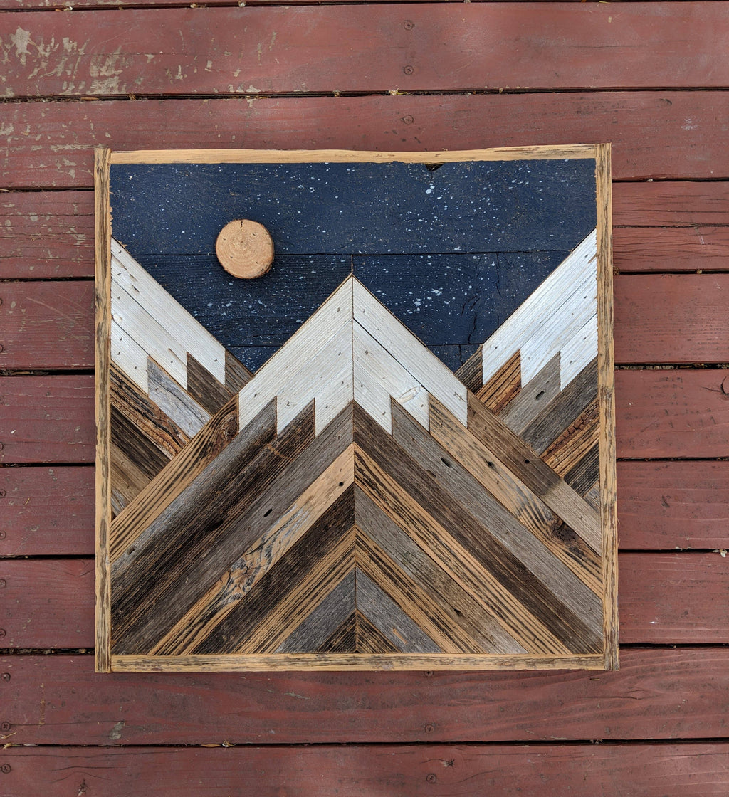 Night Sky Square Rustic Mountain Wood Art: 12x12